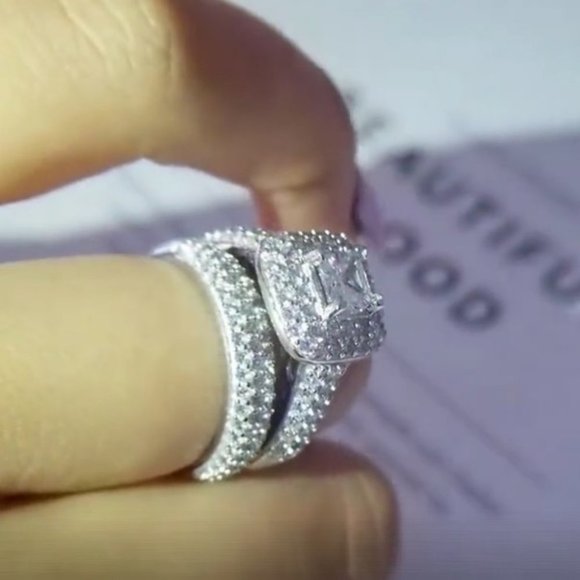 *NEW 925 Sterling Silver Princess Halo Ring Set - Picture 9 of 10